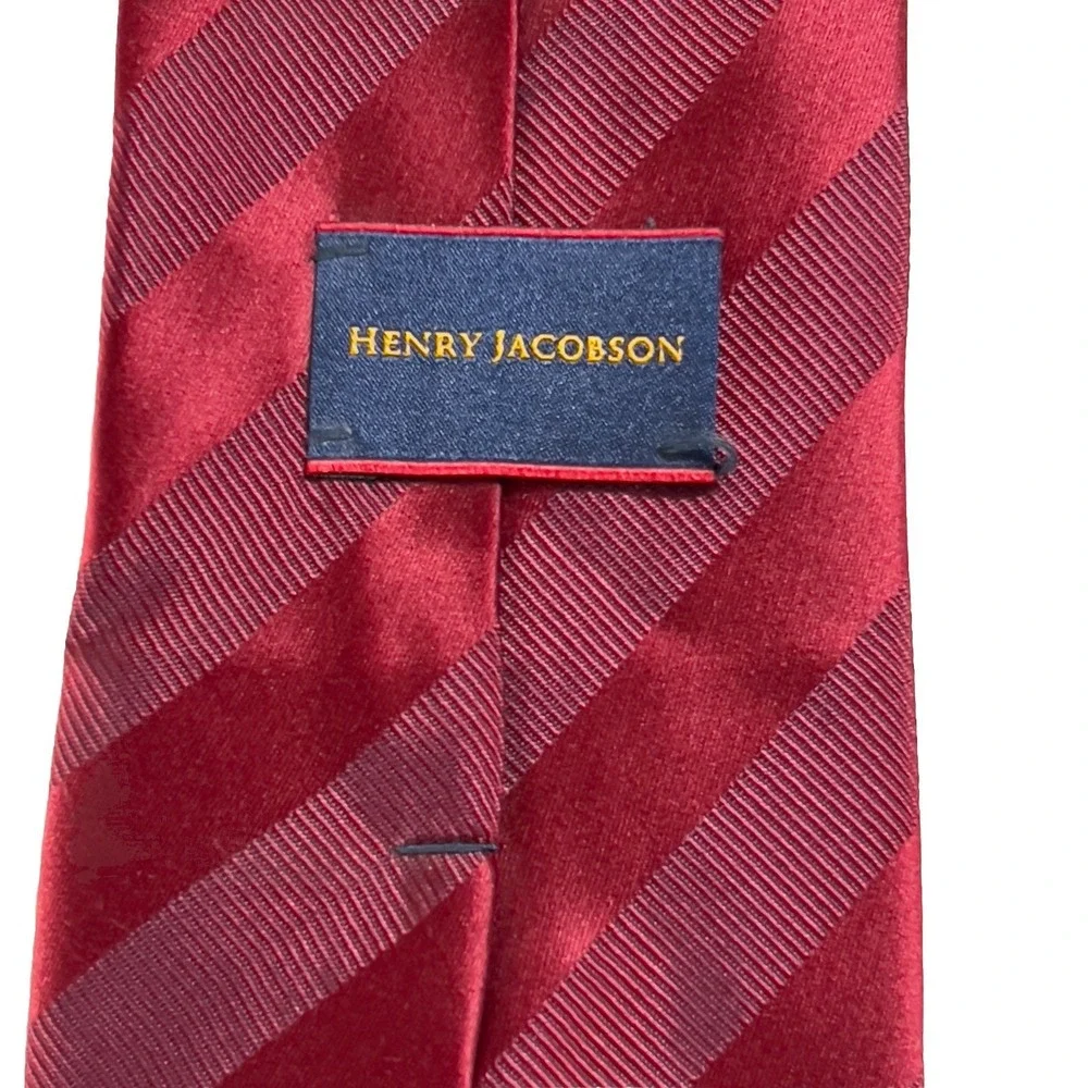 Henry Jacobson Necktie Mens Burgundy Red Excellent Silk Tonal Striped Hand Made